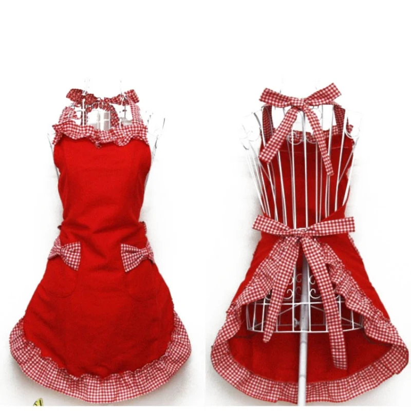 Adjustable Lovely Lace Work Apron Kitchen Cooking Women Ladies Lace Sexy Aprons with Bow Knot Pocket Kitchen Bib Apron for Women