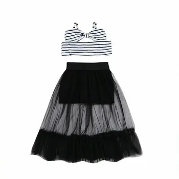 

6M-5T Summer Kid Baby Girl Striped Crop Tops Tulle Skirt Party 2PCS Outfit Sets Sleeveless Kid Girls Skirt Clothes Sets