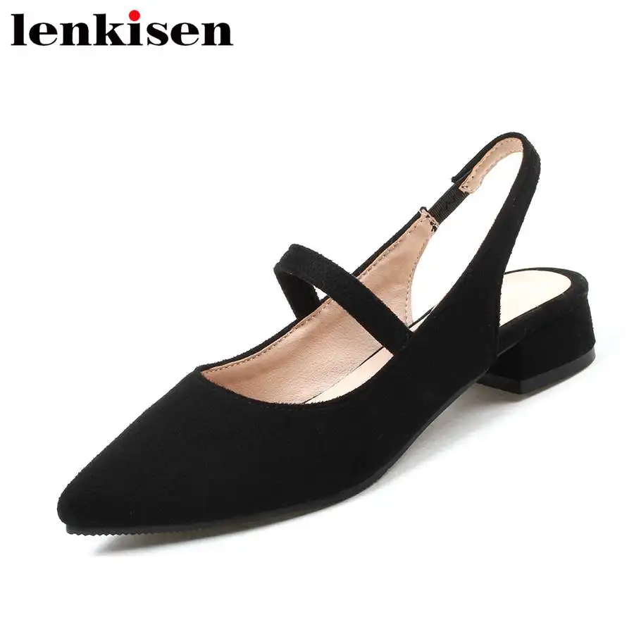 

Lenkisen summer brand shoes solid pu med heels elastic band plus size pointed toe slingback meeting women shallow sandals L0f1