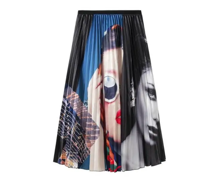 

2019 New Summer New-Coming Europen Printing Patchwork Pattern High Elasticity Pleated High Street Style Women Skirts Elastic