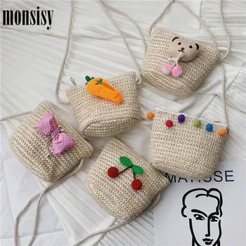 

Monsisy Children Straw Bag For Girls Rattan Handbag Cartoon Cherry/Bow Shoulder Bag Summer Bohemian Toddler Baby Straw Beach Bag