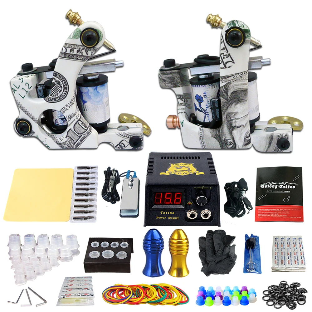 Tattoo Kits 10 Wrap Coils Guns Tattoo Machine Set Power Supply Foot Pedal Needles Grips Body Arts Tattoo Supplies TK202-17