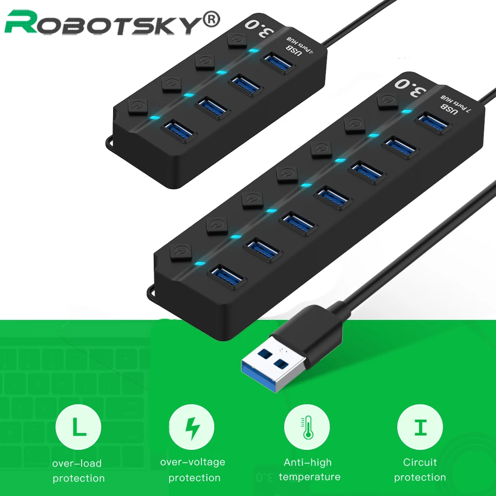 Robotsky usb-хаб 3,0 высокоскоростной 4/7 порт концентратор USB вкл/выкл переключатель USB разветвитель адаптер 5 в питание для ПК ноутбук