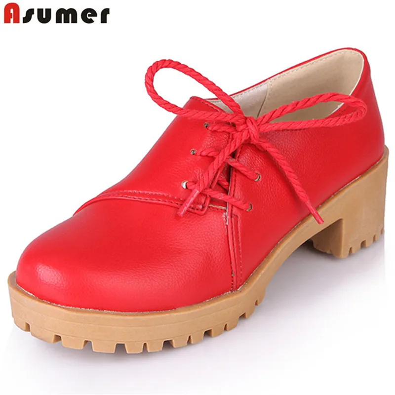 

Asumer Single shoes for four seasons med heels shoes lace-up PU soft leather fashion shoes solid platform solid women pumps