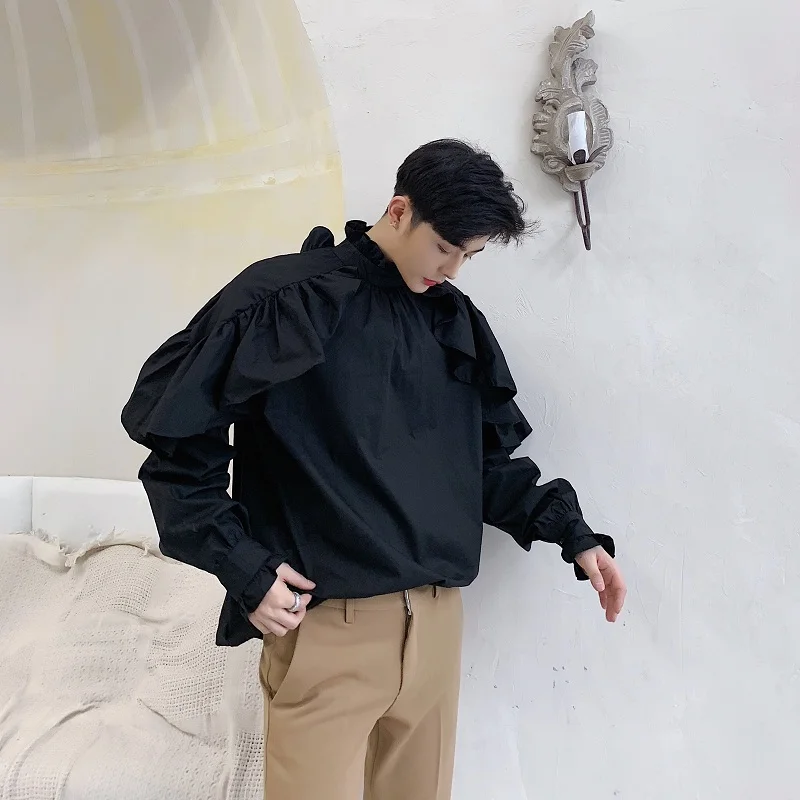 

Male Lotus Leaf Shoulder Stand Collar Loose Stage Party Dress Shirts Men High Street Fashion Casual Pullover Shirt 2 Wear Style
