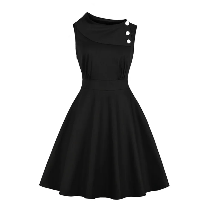 

Vintage Little Black Dresses 2019 Summer New Women Buttoned Knee Length Dress Solid Cotton Sleeveless Swing Dress vestidos