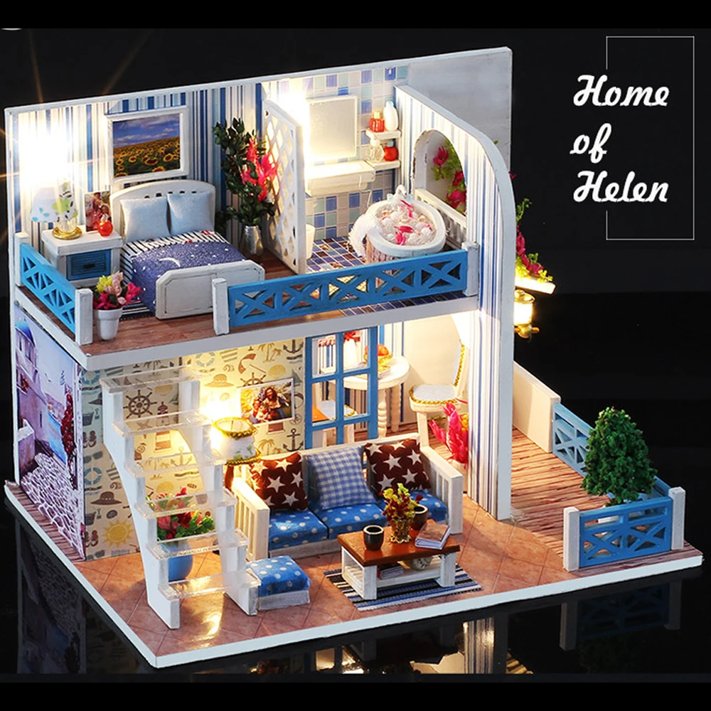 Furniture Doll House Wooden Miniatura Dollhouse Furniture Kit Educational Assemble Dollhouse Toys Diy Dollhouse with Dust Cover