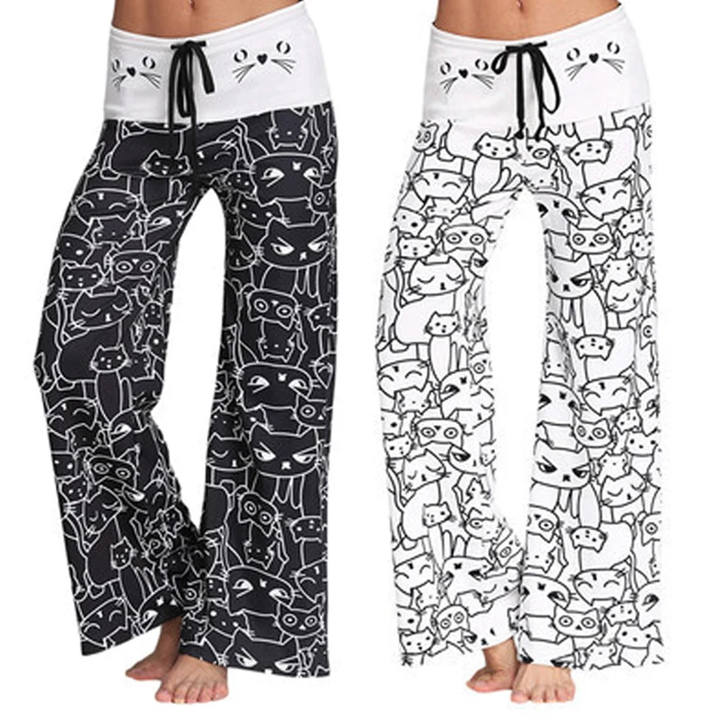 Hot Women Mid Waist Cat Print Wide Leg Long Yoga Pants Elastic Drawstring Leggings MCK99 | Спорт и развлечения