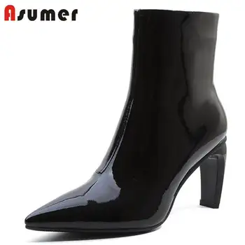 

ASUMER 2020 NEW fashion patent leather boots zipper ankle boots women pointed toe thin super high heels spring autumn boots