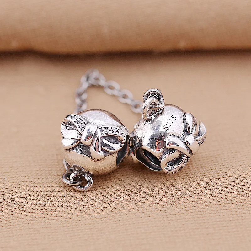 925 Sterling Silver Charms Bead Diy Bowknot Safety Chain For Original Pandora 925 Sterling Silver Bracelets Bangles XCY141