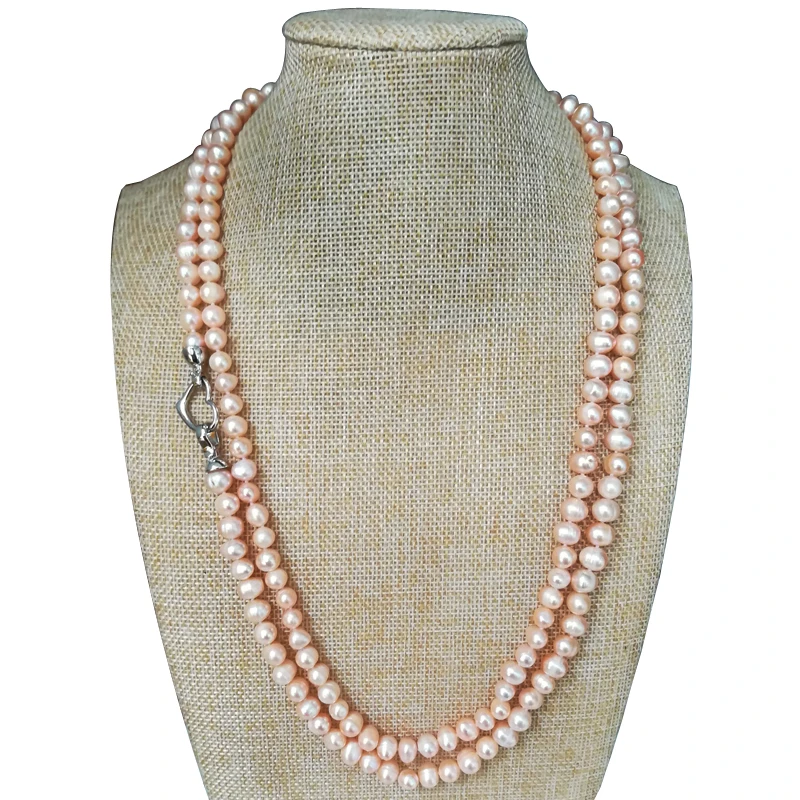 48 inches 7-8 mm Long Chain Natural Pink Round Freshwater Pearl Necklace with Heart Shaped 925 Sterling Silver Clasp