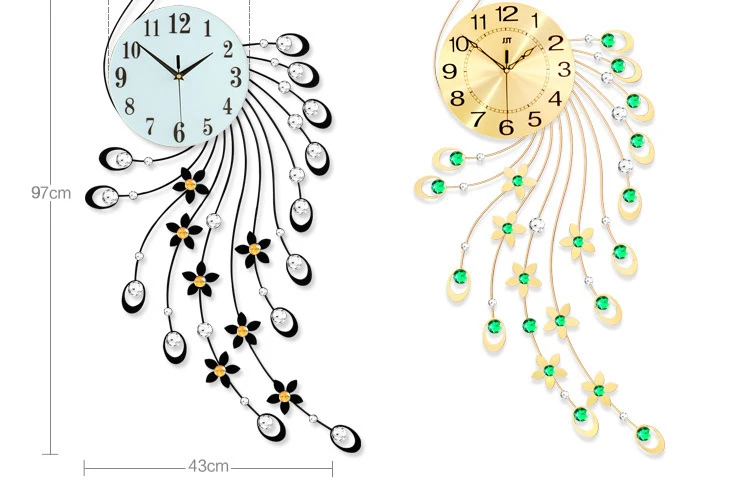 3D настенные часы современный дизайн домашний декор настенные часы гостиная бриллианты Павлин декоративные кованые железные бесшумные большие часы
