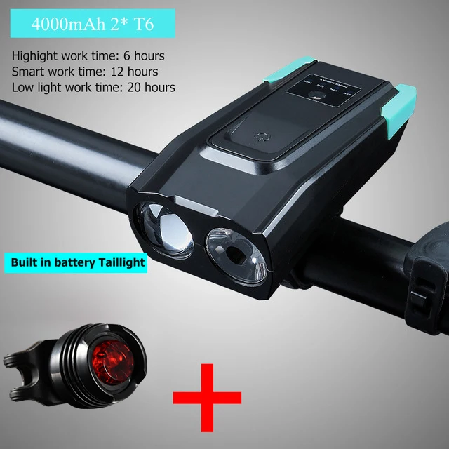 with rear light Умный головной светильник, перезаряжаемый через USB, велосипедный передний светильник, набор, 4000 мА/ч, индукционный велосипедный светильник с рогом, светодиодный велосипедный светильник, велосипедный светильник - Цвет: with rear light
