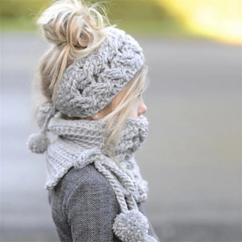 IANLAN Cute Kids Winter Thermal Sets Headband Style Caps Mufflers Lovely Girls Solid Knit Wool Hats Scarves Set IL00194