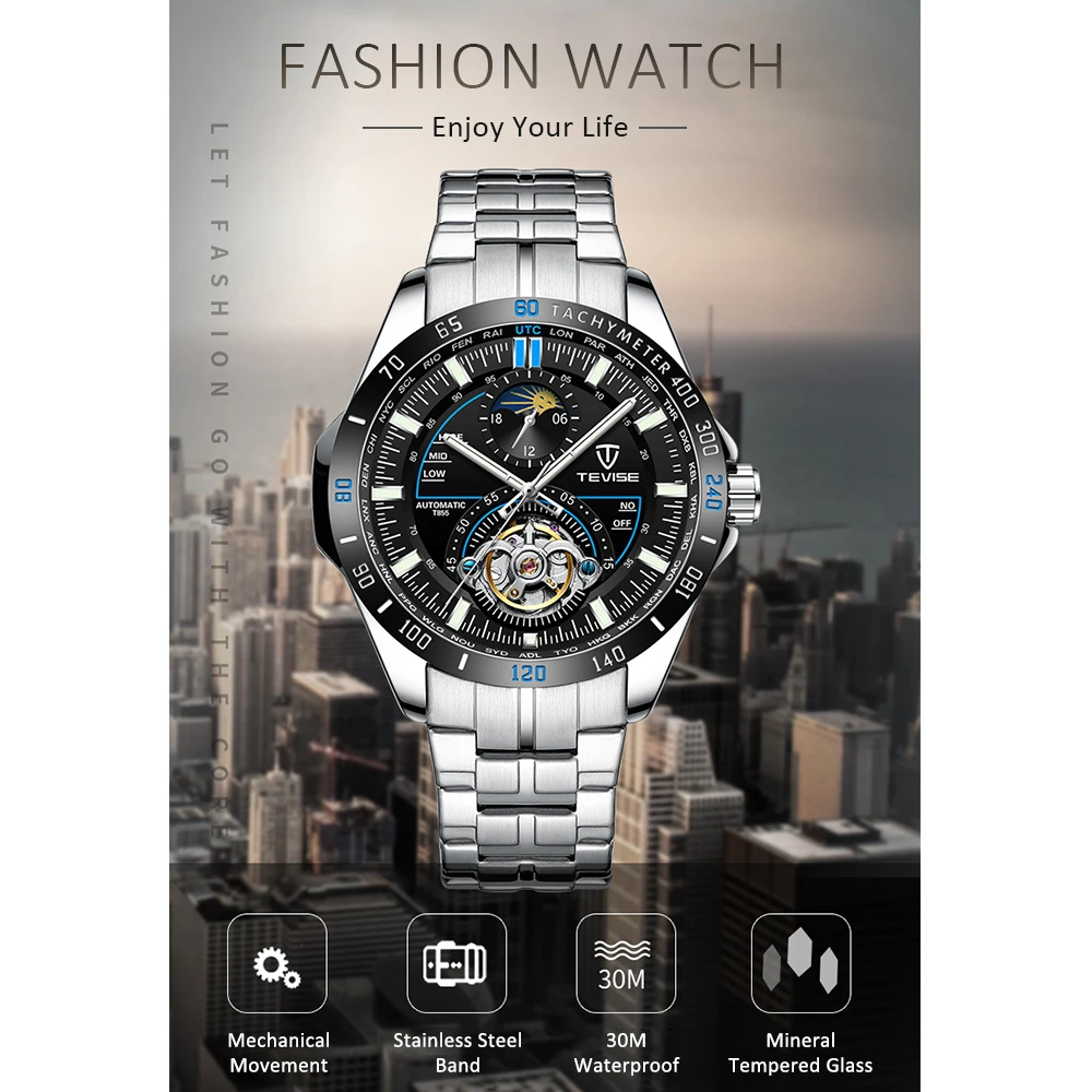 TEVISE T855 Автоматические Мужские механические часы, мужские многофункциональные часы, модные водонепроницаемые наручные часы с большим циферблатом, роскошные часы
