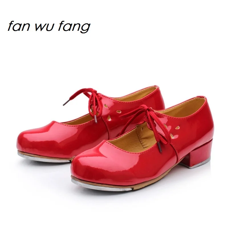 fan wu fang New Patent Leather Black Red Tap Dance Shoes Lace Up Tap