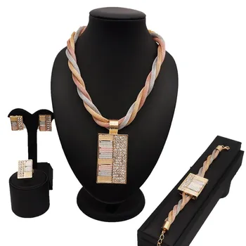 

gold jewelry sets african women necklace fine jewelry sets long chain crystal necklace bracelet pendant bride necklace
