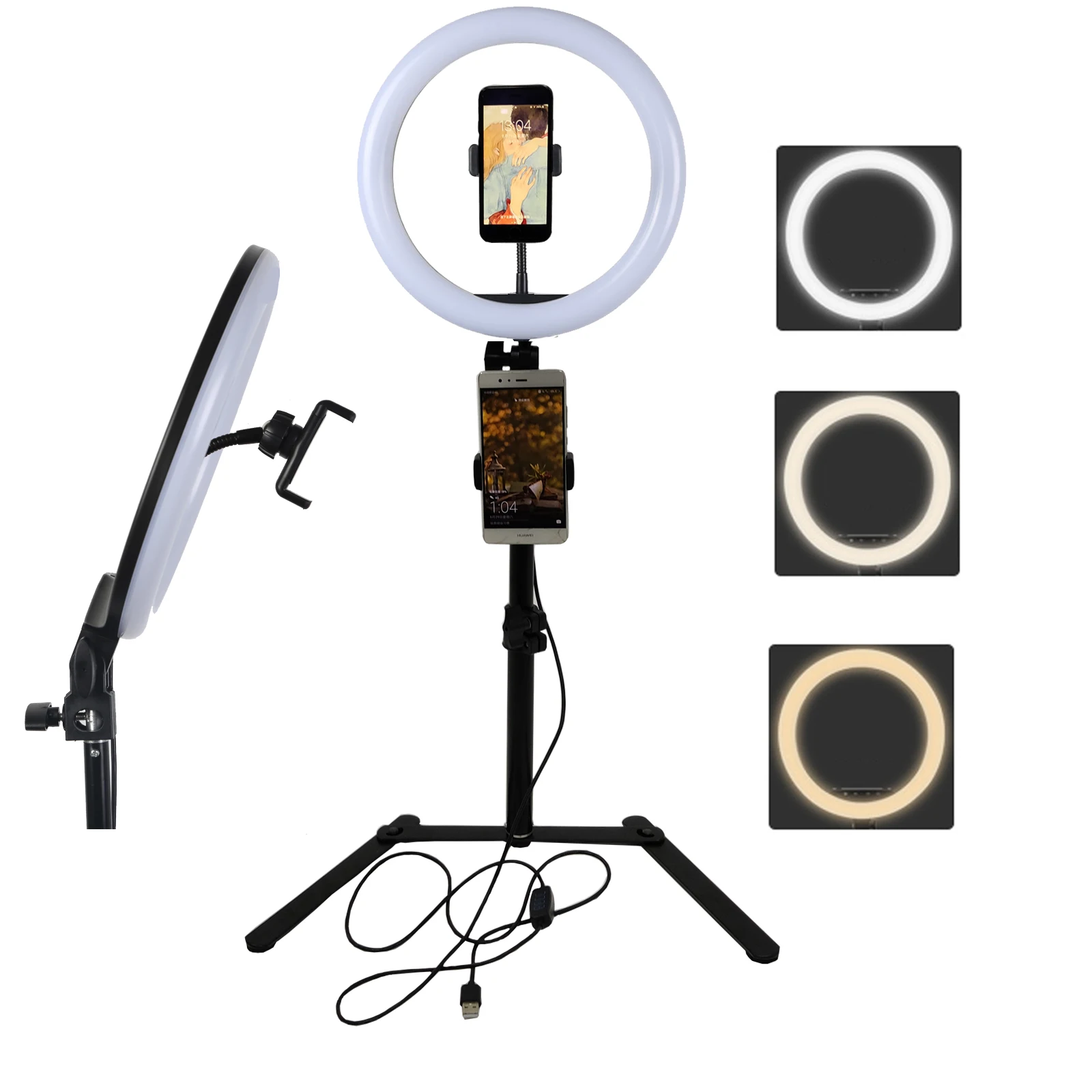 

Photo Studio Selfie LED Ring Light 10" Dimmable 3200-5500K USB charge Photography Enhancing with Table Tripod for Video Live