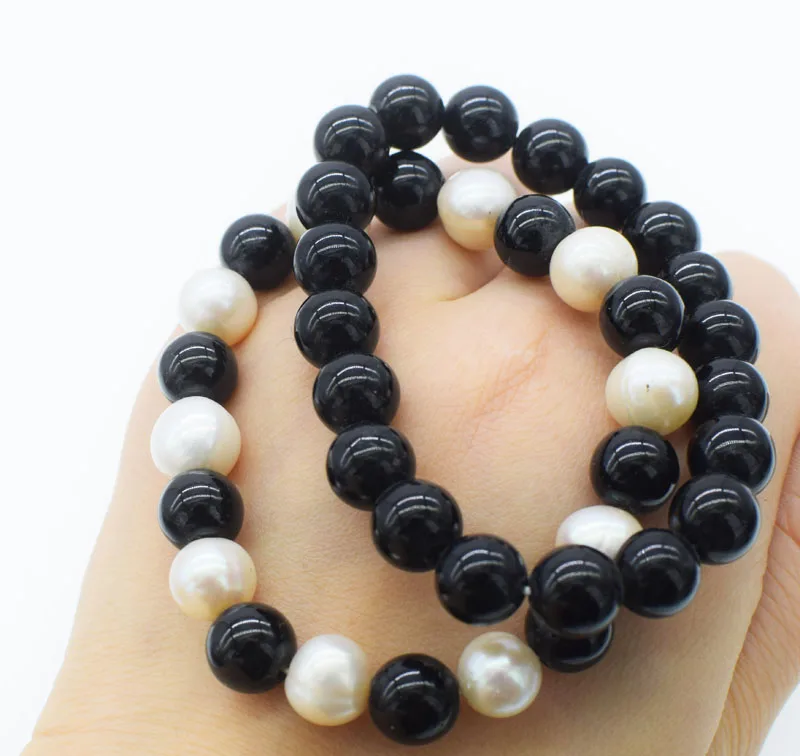 

wow! freshwater pearl white near round 8-9mm black agates 10mm bracelet 7.5inch wholesale beads FPPJ nature big size