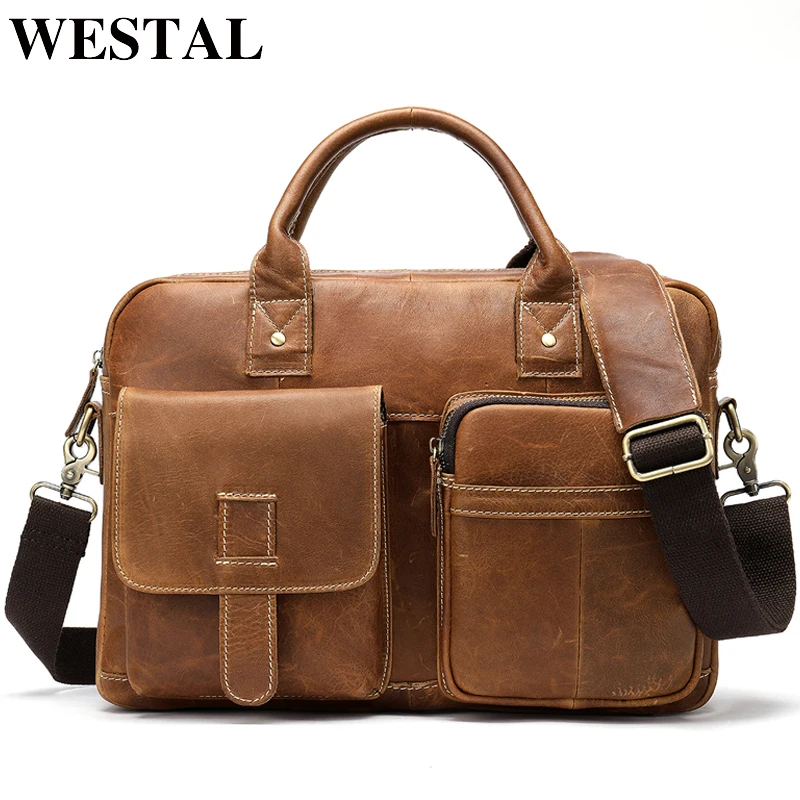 WESTAL جلد الرجال حقيبة جلدية حقيبة لابتوب الرجال الرجال جلد طبيعي حقيبة مكتب للرجال الأعمال حمل ل A4 وثيقة 850