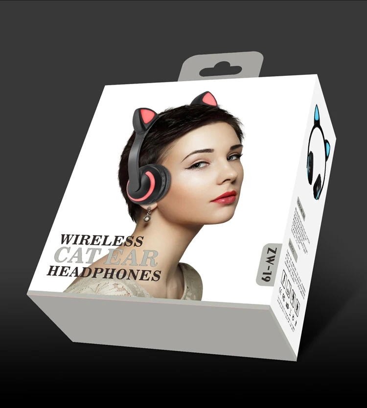 Bluetooth наушники с кошачьими/дьявольскими/оленьими ушками, 7 цветов, мигающие светящиеся кошачьи наушники, беспроводные наушники для детей, косплей - Цвет: Cat ear with box
