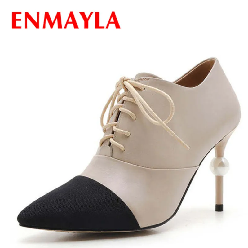

ENMAYLA Spring Ankle Boots Women Genuine Leather Lace-up Mixed Color Shoes Woman High Heels Pointed Toe Shallow Shoes Woman
