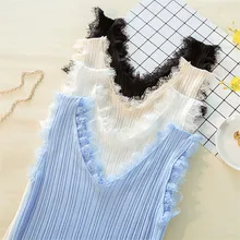 Новинка, весна, большой размер, женский Шелковый вязаный жилет, однотонная кружевная майка, летняя одежда, женские эластичные майки, облегающие топы для девушек, 366