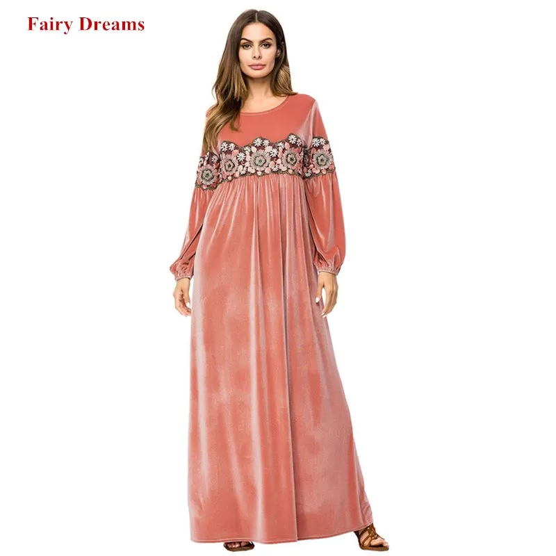 

Pink Abayas For Women Flowers Embroidery Muslim Dress Kaftan Turkish Dubai Islamic Plus Size Clothing Long Dresses Velvet Robe