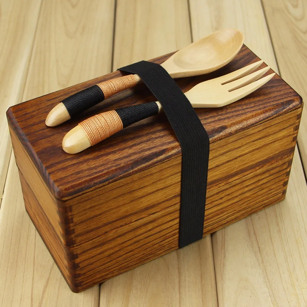 

Lunch boxes Japanese Traditional Natural Wooden Lunch box Square Double Layer Women's Men's Wood Bento Box