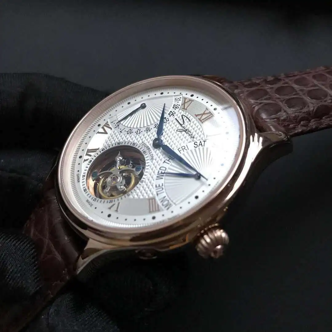 

Tourbillon Mens Wrist Watch Sugess Week Calendar Flying Back Seagull Movt Luxury