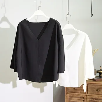 

Tutu Free Shipping Version Of Simple Pure Color V-neck Bell Sleeve T-shirt Women's Wear 9-minute Loose-looking Chiffon Jacket