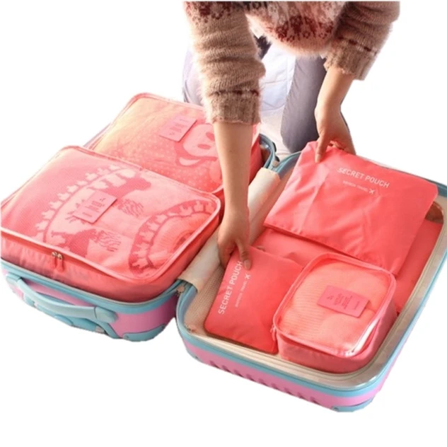 6pcs/set Fashion Double Zipper Waterproof Polyester Men and Women Luggage Travel Bags packing cubes