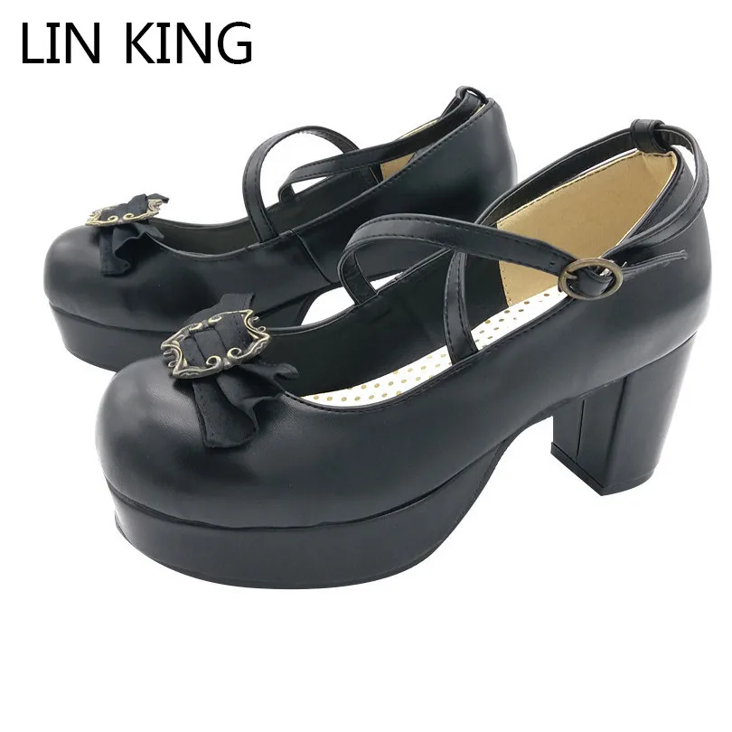 

LIN KING Casual Round Toe Women Pumps Sweet Butterfly-knot Ladies Lolita Party Shoes Square Heel Buckle Female Platform Shoes