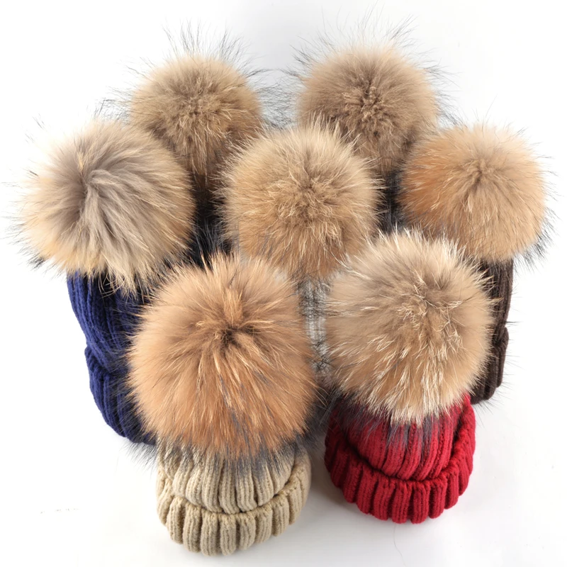 

High quality winter hats for women and men real raccoon fur beanie knitting wool casual warm ear protectors gorros cap 7 colors
