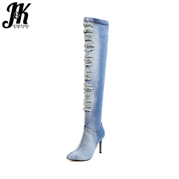 

JK High Heels Denim Over The Knee Women Boots Zipper Thin Heels Pointed Toe Footwear Spring Fashion Sexy Holed Ladies Shoes