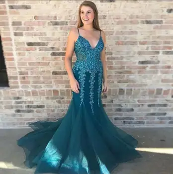 

Robe de soiree Green Evening Dress Sexy Spaghetti Strap V-Neck Sleeveless Long Evening Dresses Formal Party Gowns