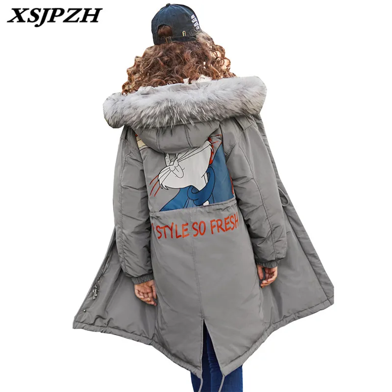 XSJPZH Hooded Down Jacket Coat Women's Long Section 2018 New Large Fur Collar Winter Coats Loose Long-sleeved Outerwear LA261 | Женская