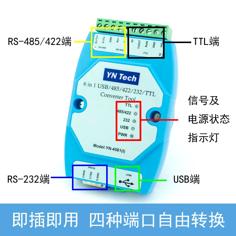 

YN4561I Isolated Six-in-One Serial Port Module CP2102 USB/485/422/232/TTL Interchangeable Serial Port