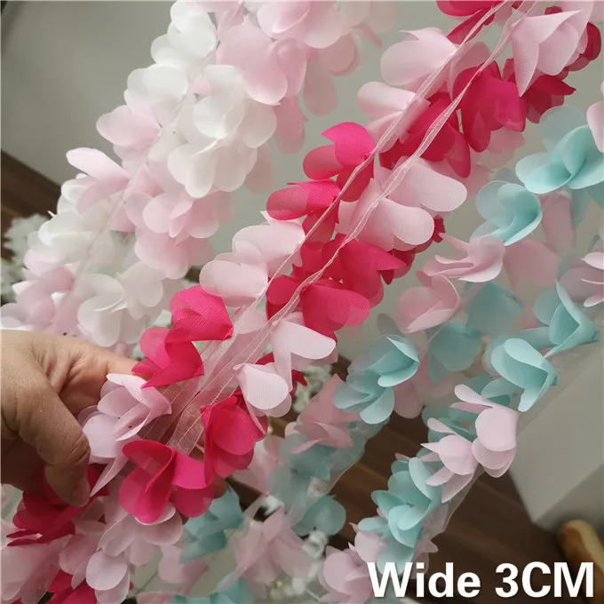 

3CM Wide Luxury Pink 3d Chiffon Lace Fabirc Collar Trims Trimming DIY Wedding Dresses Sewing Applique Decor High Quality 2019