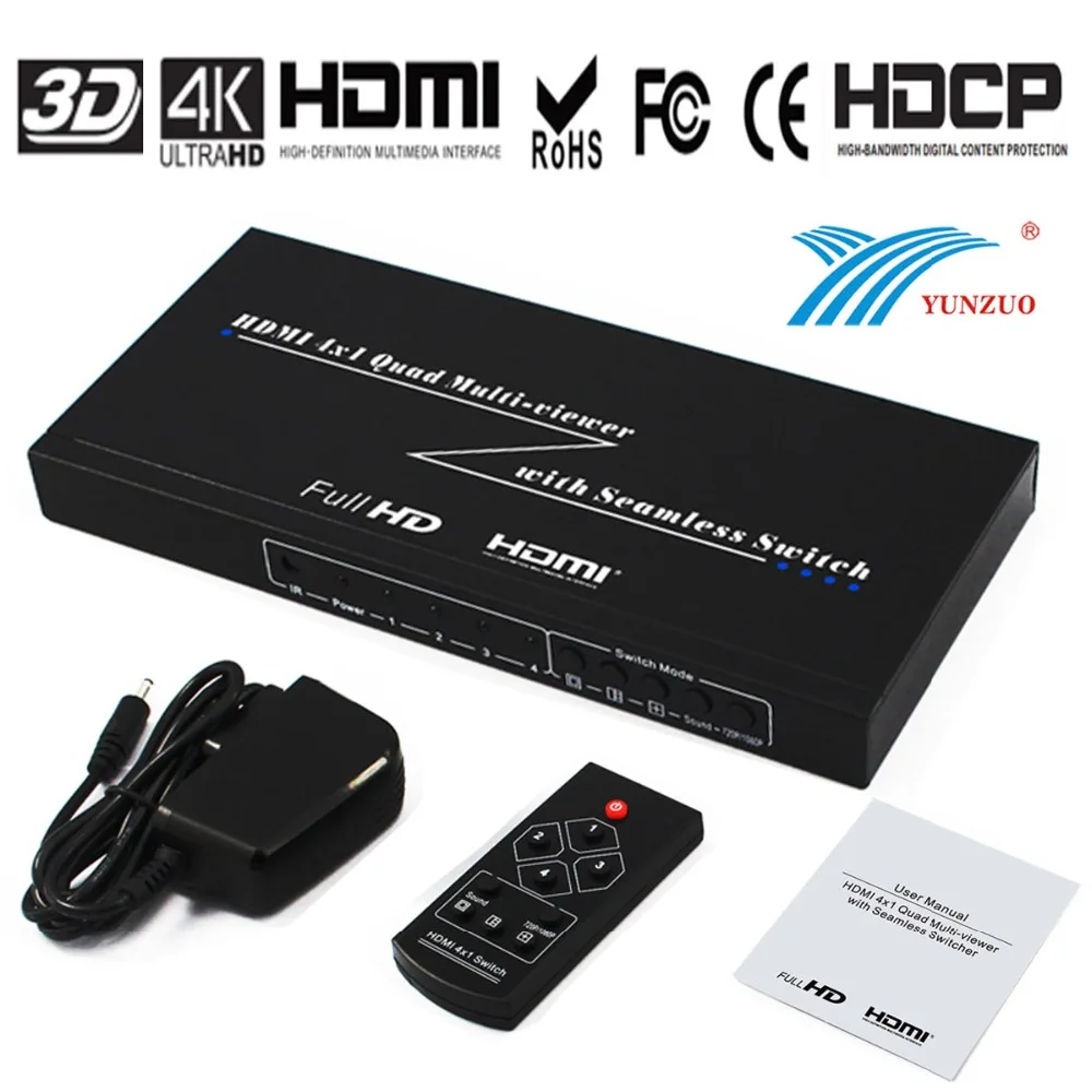 

CE ROHS FCC HDMI Quad Multiviewer 4x1 HDMI Switcher 4 Port 1080P with Seamless Switch IR Control Four Way Image Splitter Adapter