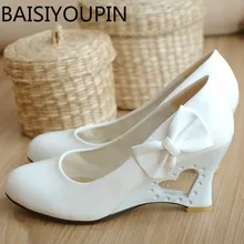 Women Sweet Bow High Heel Shoes Slope Women’s Shoes Big Size 42 43 Patent Leather Heterotypic Heel Pumps for Woman Party Shoes