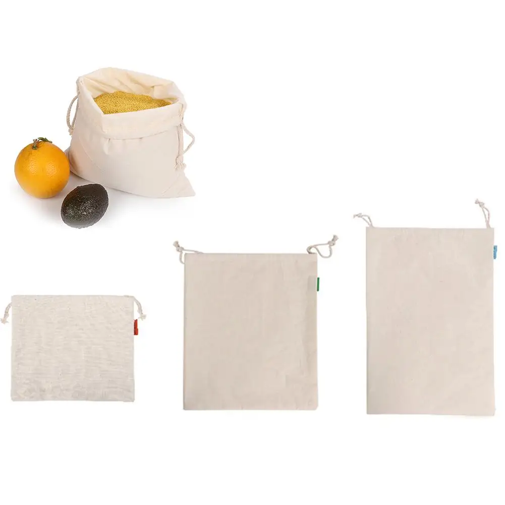 3PCS Drawstring Cotton Bag Eco Friendly Shopping Bag Bread Fruit Vegetable Organizer Cereal Grain Organizer For Home Outdoor