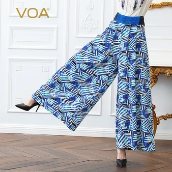 

VOA Heavy Silk Wide Leg Pants Casual Long Trousers Women Plus Size Loose 5XL Abstract Print Boho Blue Summer High Waist K505