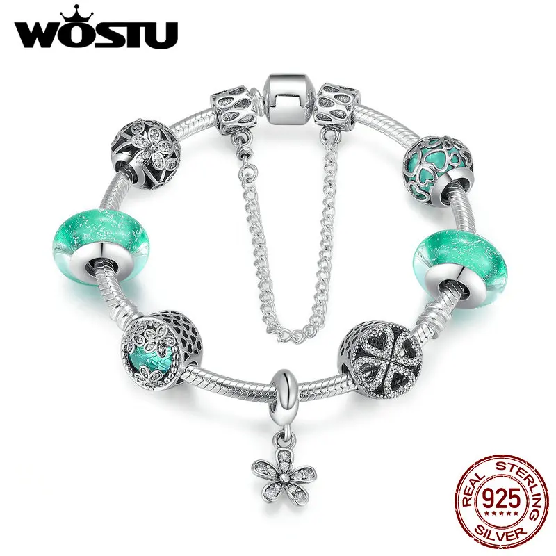 

WOSTU 100% 925 Sterling Silver Sparkling Daisy Green Life Beads Charm Bracelet For Women Luxury Fine Jewelry Gift CRB016