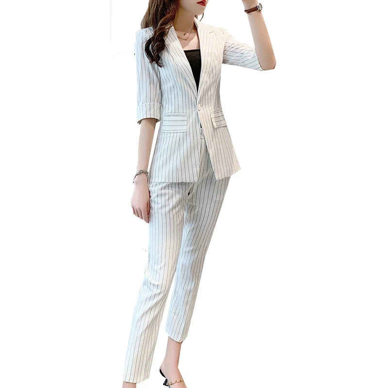 Модный темперамент OL полосатый костюм женский Летний Новый маленький костюм куртка из двух частей брюки формальные женские костюмы