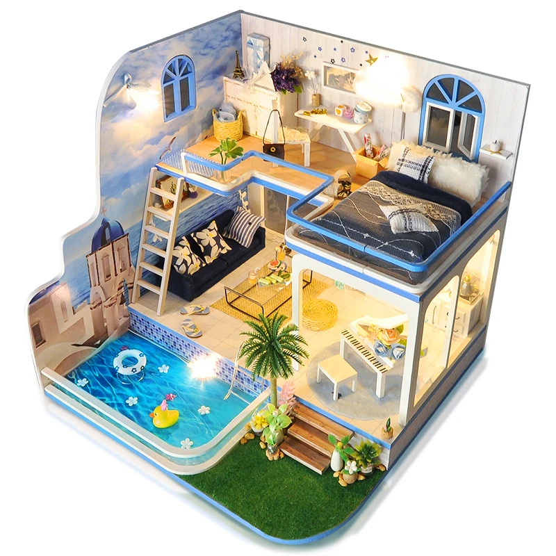 

Miniature Santorini Style Dollhouse Furniture Kits DIY Wooden Dolls House With LED Lights Puzzle Toy Children Birthday Gift