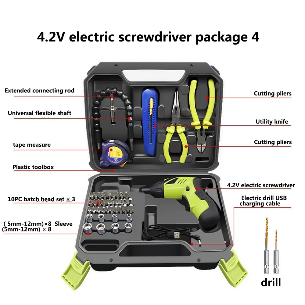 

Electric Screwdriver Set USB Charging Electric Drill 45 bits with Scissors Tape Measure Cutting Pliers Utility Knife Universal