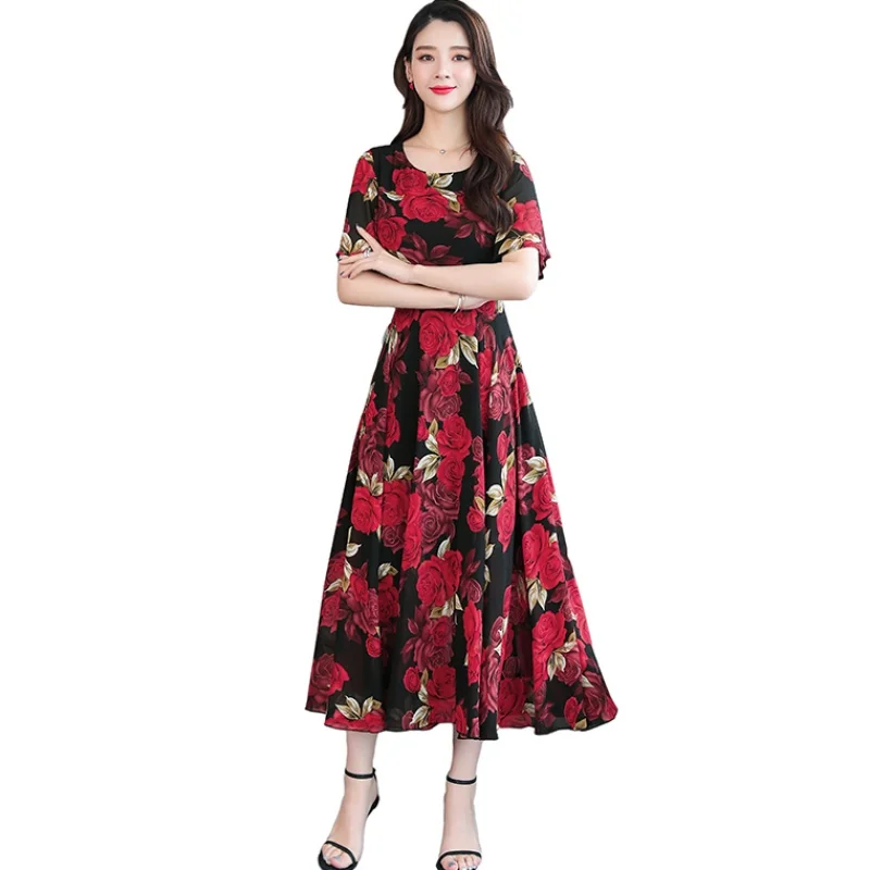 Летнее Длинное Платье с круглым вырезом и большим цветочным рисунком, богемное женское платье, женское элегантное платье - Цвет: Красный