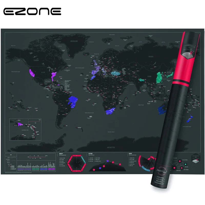 

EZONE Scratch Map Gold Foil Black Scratch Map Travel World Scratch Off Foil Layer Coating World Map Kawaii School Office Supply