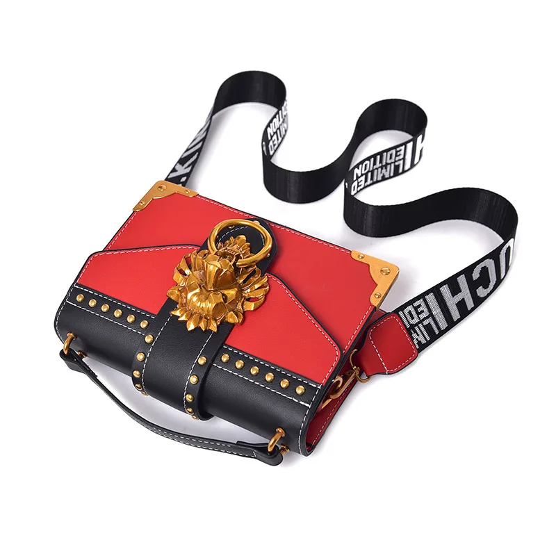 Beste Vrouwen Leeuwenkop Lock Handtas en Portemonnee Vrouwelijke Mode Rood Zwart Lederen Klinknagels Crossbody Tassen voor Vrouwen Mini Designer tote Bag